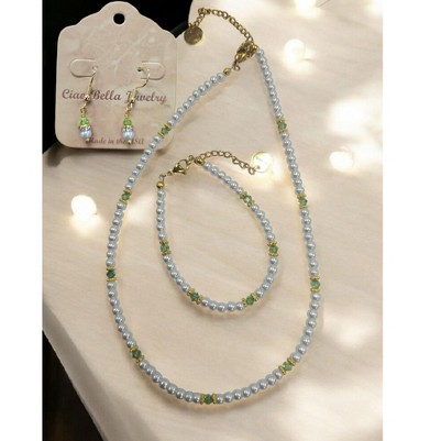 august peridot green crystal/ silver accents/white pearl/necklace, bracelet earring set