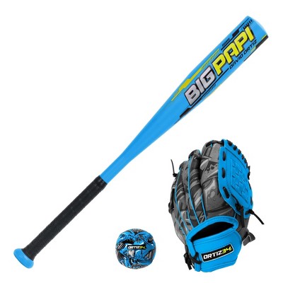 Ortiz34 Youth T-Ball Set, 25" Aluminum Bat (-10 Drop), Foam Core T-Ball, 9" Lightweight Glove, Graffiti Print (Blue/Black)