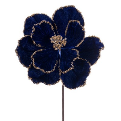 Vickerman 17" Artificial Midnight Blue and Gold Edge Magnolia Christmas Stem, 5 per bag