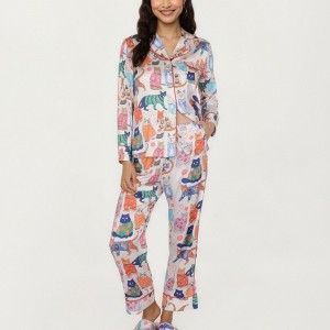 Anna-Kaci Lounge Women's 2-Piece Set Long Sleeve Button Front Pajama Set with Cat Print and Soft Silky Fabric - 1 of 4