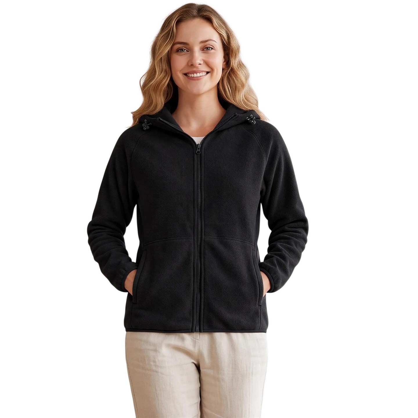Женские куртки INSPIRE CHIC Adjustable Drawstring Hood Zip Up Side Pocket Design Fleece Outerwear Jackets X-Large Black, цвет: Чёрный — фото 1