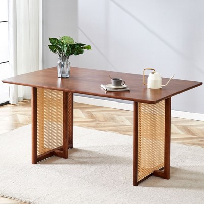 NicBex Rustic Solid Wood Rectangular/Round Dining Table with Imitation Rattan Base,Modern Home Kitchen Table Tea Table,Dining Room Furniture