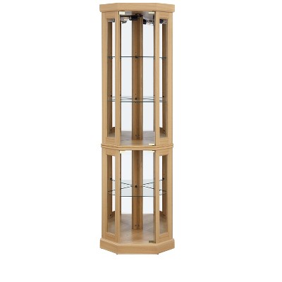 Vynxaria Lighted Corner Glass Cabinet in Light Oak - Curio Display Case for Living Room, Antique Collection, Wine, and Bar Storage Included