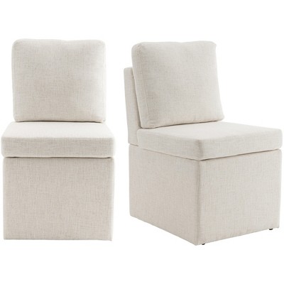 YOUNIKE Upholstered Dining Chair with Storage Mid Century Modern Armless Beige Accent Chair for Kitchen Bedroom, Linen Fabric & Wood Frame