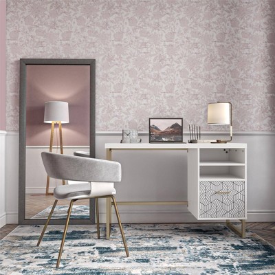 White MDF Single Pedestal Desk with Gold Legs and Drawer