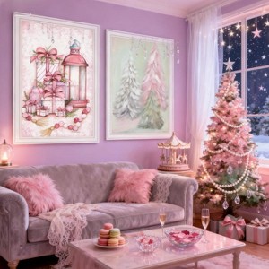 YOOCOZZ Christmas Trendy Decoration,Trendy Decor 4U 2- Piece Wall Art, Vignette Pink Candy Land Christmas Trees, by Mary June, Black or White Framed - 1 of 4