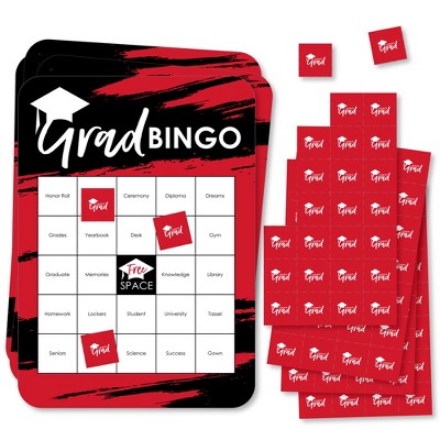 Big Dot of Happiness Red Grad - Best is Yet to Come - Bingo Cards and Markers - Red Graduation Party Shaped Bingo Game - Set of 18