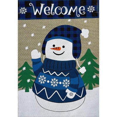 Happy Snowman Burlap Winter Garden Flag Welcome 18" x 12.5" Briarwood Lane