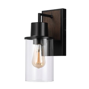 Globe Electric 1-Light Matte Black and Faux Wood Outdoor Wall Sconce with Clear Glass Shade: Weather-Resistant, ETL Listed, Easy Install - 1 of 4