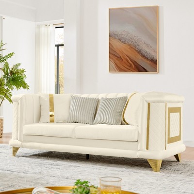 89" Velvet 3-Seater Luxury Sofa with Gold Stainless Steel Trims and Embroidered Texture, Mid Century Modern Victorian Tufted Couch