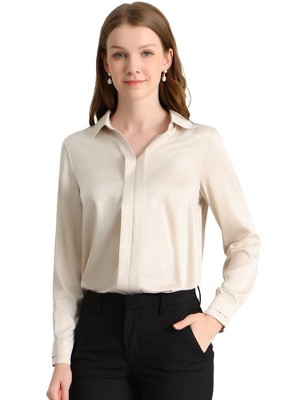 INSPIRE CHIC Women's Elegant V Neck Long Sleeve Office Work Satin Shirt