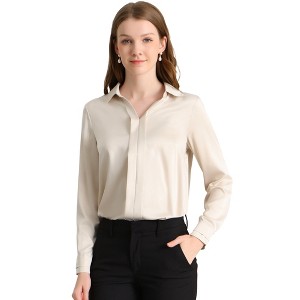 INSPIRE CHIC Women's Elegant V Neck Long Sleeve Office Work Satin Shirt - 1 of 4