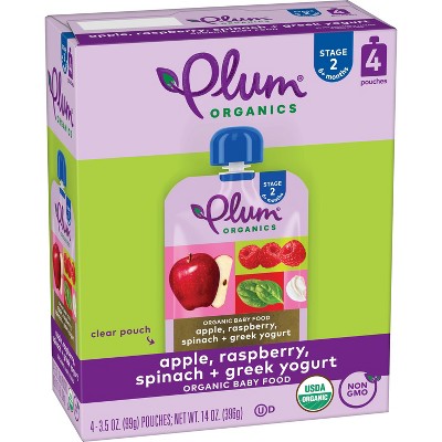 Plum Organics 4pk Apple Raspberry Spinach &#38; Greek Yogurt Baby Food Pouches - 14oz