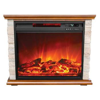 LifeSmart 1500 Watt Portable Electric Infrared Quartz Faux Stone & Oak Wood Fireplace Heater with Remote - Brown