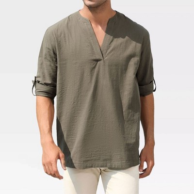 Mens Henley Shirts Long Sleeve Shirts Casual Shirts with Rolled Up Sleeve Beach T Shirts