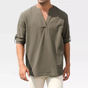 Mens Henley Shirts Long Sleeve Shirts Casual Shirts with Rolled Up Sleeve Beach T Shirts,Army Green - L - 1 of 4