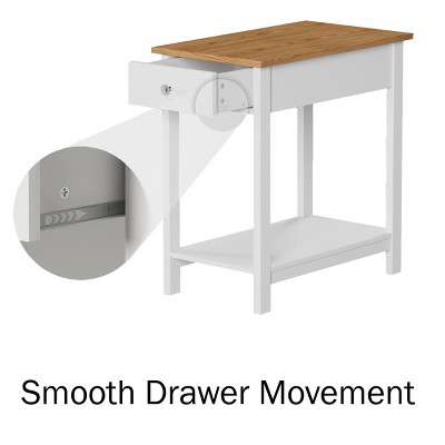 White and Honey Oak Slim End Tables with Drawer, Set of 2