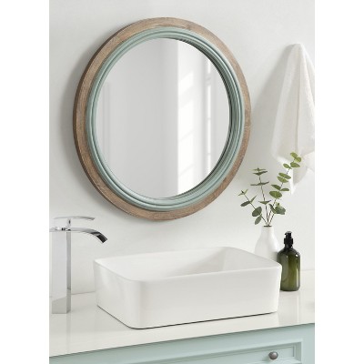 Rustic Blue and Brown Round Wood Bathroom Vanity Mirror