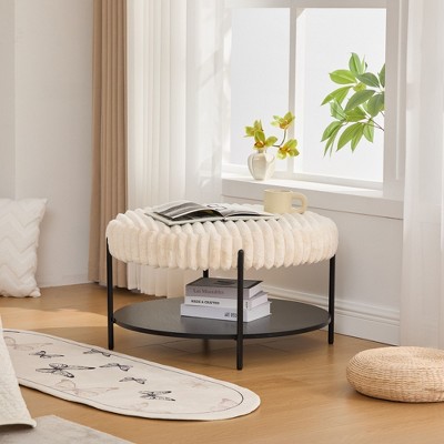 Grungis Faux Fur Round Storage Benches with Metal Legs and Wooden Open Shelf,Upholstered Storage Ottoman,Storage Ottoman Bench for Living Room