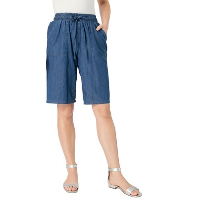 Roaman's Women's Plus Size Embroidered Chambray Bermuda Shorts