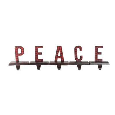 Northlight 5 Piece Set Red and Black Buffalo Plaid “PEACE” Christmas Stocking Holder 6"