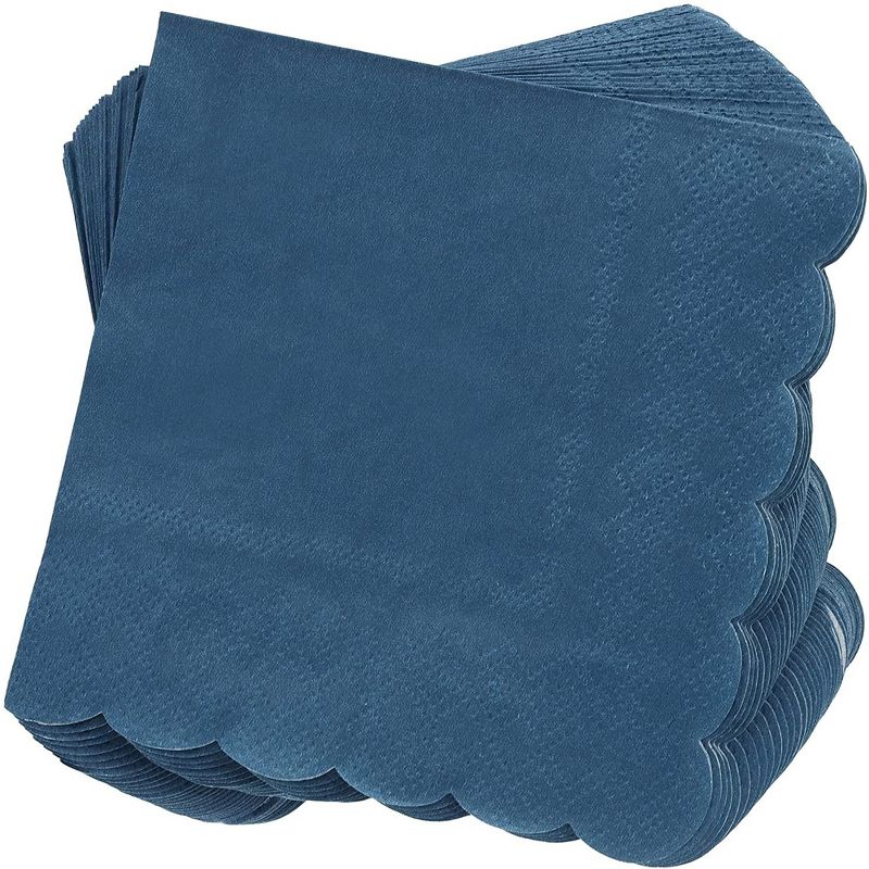 Blue Panda 100 Pack Navy Blue Paper Napkins, Disposable Scalloped Cocktail Napkins for Party Supplies, 5x5 In, 1 of 6
