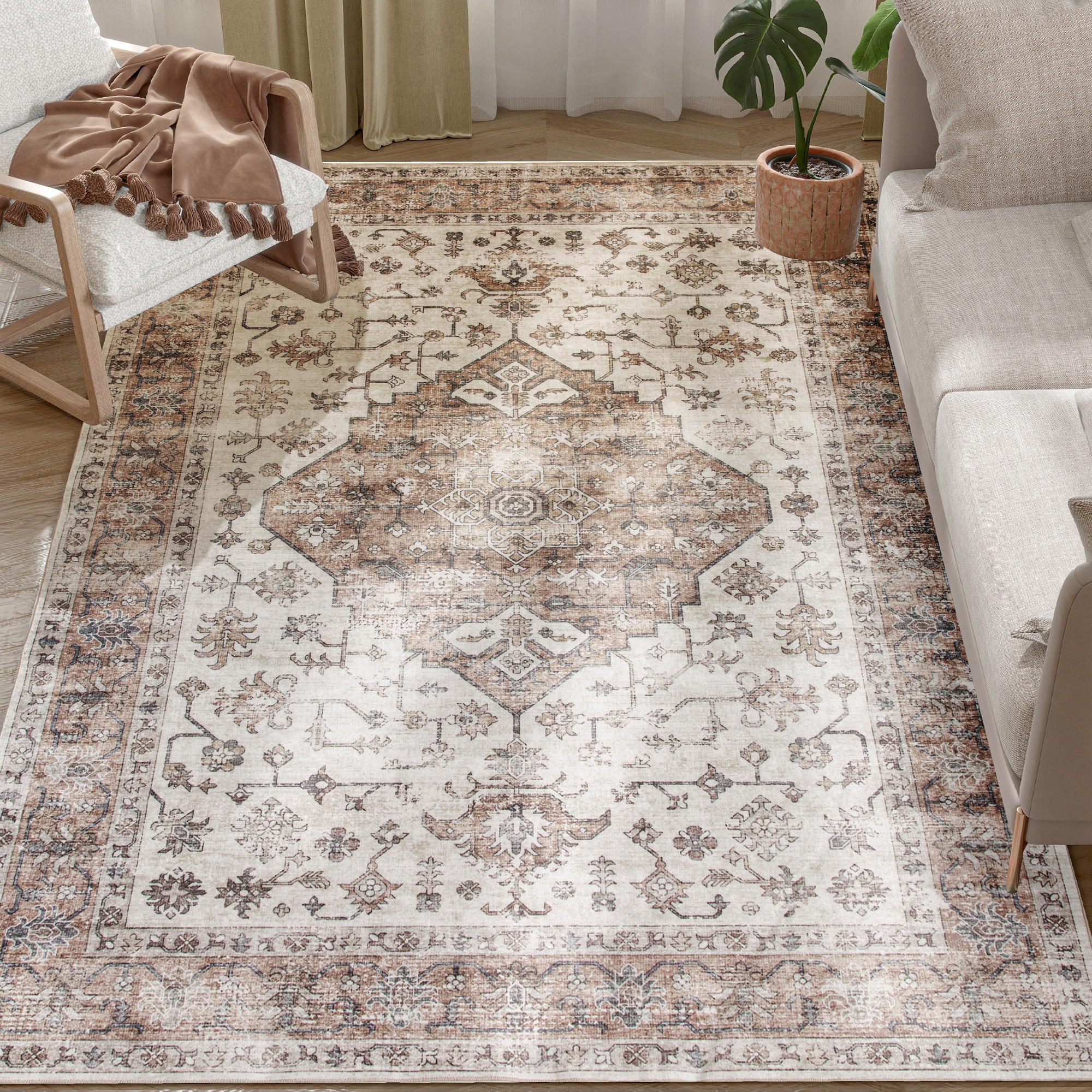 HOMCOM 5x7 Area Rug, Vintage Machine Washable Rug, Non-Slip Distressed Floor Carpet for Living Room, Bedroom, Dining Room, Home Office, Tan