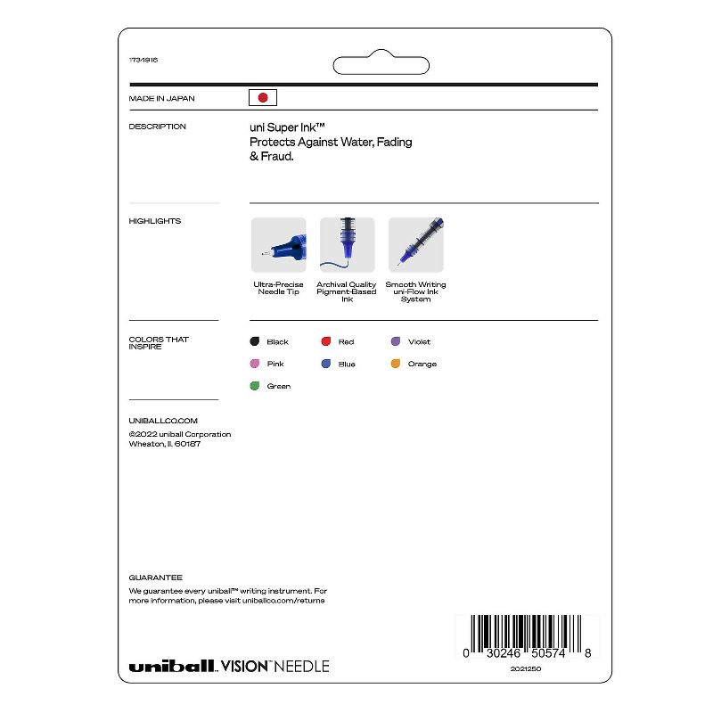 uni-ball uniball Vision Needle Rollerball Pens Fine Point 0.7mm Assorted Ink 8/Pack (1734916), 4 of 10