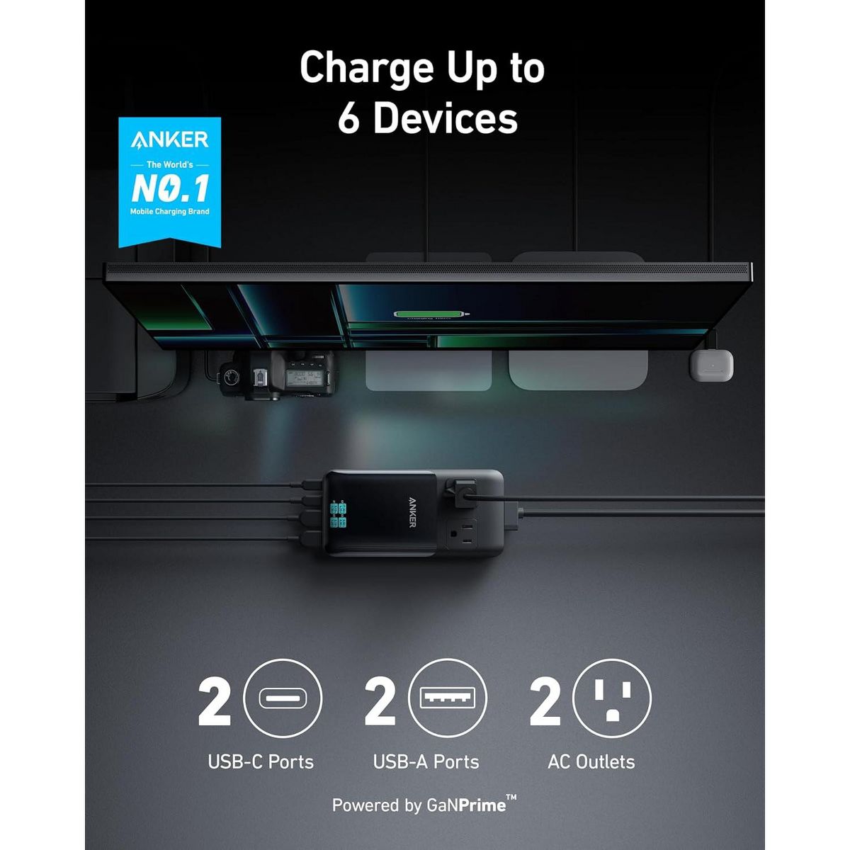 Anker Prime 140W 6-in-1 Travel Charging Station: 5ft Detachable Cord, 2 AC, 2 USB-C, 2 USB-A, for Home/Office (Non-Battery/Wireless) - thumbnail 2