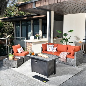 Venice 6pc Wicker Outdoor Patio Furniture Set Conversation Sofa with a Metal Fire Pit and Cushions - 1 of 4
