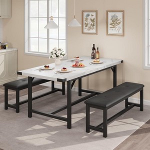 GOCAPTAIN 3-Piece Dining Table Set, Kitchen Table with 2 Benches, Wooden Dining Room Table Set for 4-6 People, Space Saving Set for Home, Apartment - 1 of 4