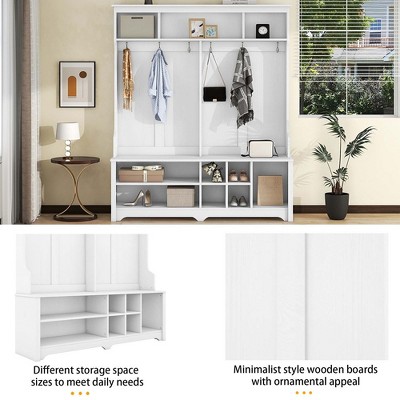 White MDF Hall Tree with Storage Bench and Metal Hooks