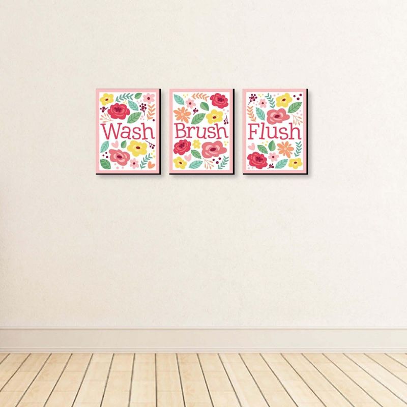 Big Dot of Happiness Floral - Garden Kids Bathroom Rules Wall Art - 7.5 x 10 inches - Set of 3 Signs - Wash, Brush, Flush, 3 of 7