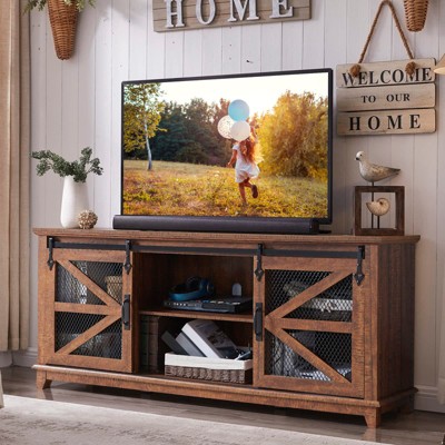 OKD 66 Farmhouse TV Stand w Sliding Barn Door TV Console for 75 inch TV Reclaimed Barnwood
