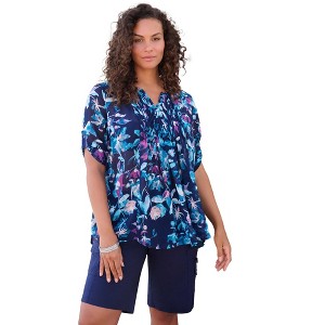 Roaman's Women's Plus Size Plus Size Tara Pleated Shirt – Adjustable 3/4 Sleeve Swing Tunic With Notch Collar - 1 of 4