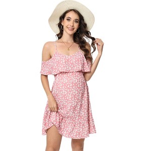 Maternity Dress Womens Summer Ruffle Sleeve Cold Shoulder Flowy Dress Baby Shower Dresses - 1 of 1