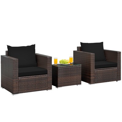 Tangkula 3PCS Patio Rattan Furniture Set with 2 Cushioned Sofas & Coffee Table for Outdoor Turquoise/Black/Navy/Red/Brown