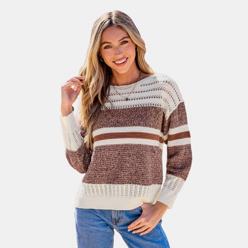 Women's Striped Round Neck Cut-Out Knit Sweater - Cupshe - image 1 of 4