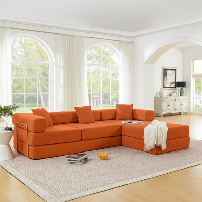 L Shaped Convertible Sleeper Sofa Bed Boneless Floor Sofabed , 7-in-1 DIY Combination Corduroy Folding Mattress Couch w/ Fixed-Shape Frame