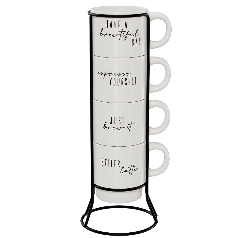 American Atelier Ceramic (4) 14 Oz Mug & Metal Rack Set for Tea & Coffee, Have a Brewtiful Day Text, 1 of 9