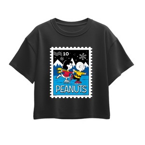 Girls' - Peanuts - Lucy Charlie Winter Stamp Short Sleeve Boxy Graphic T-Shirt - 1 of 4