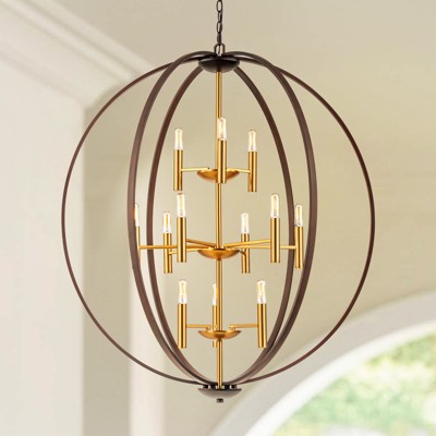 Rennnsan Halwen 35"W 12-Light Geometric Mid-Century Modern Dimmable Chandelier in Brown