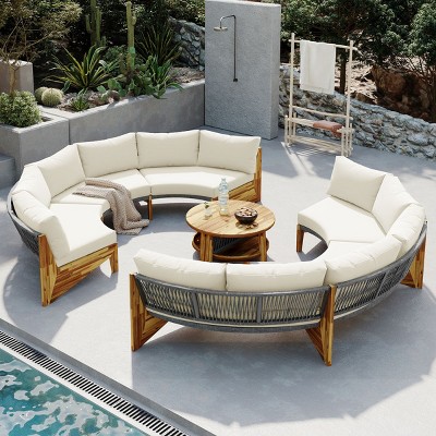 6-Person Outdoor Curved Sectional Sofa Set, Acacia Wood Patio Conversation Set Semi Circular Sofas with Cushions and Coffee Table – Cuddlewood