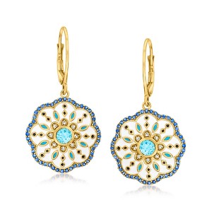 Ross-Simons 1.09 ct. t.w. Multi-Gemstone Drop Earrings With Blue and White Enamel in 18kt Gold Over Sterling - 1 of 3