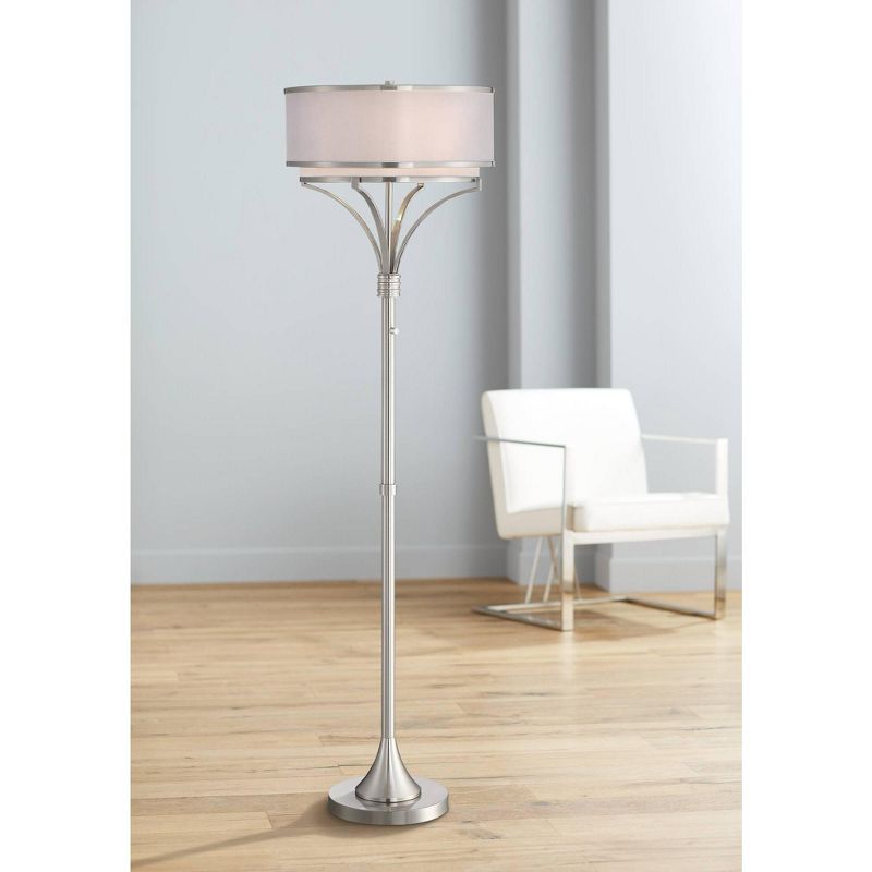 Possini Euro Design Candice Modern Floor Lamp 64" Tall Brushed Nickel Silver Organza Outer White Linen Inner Drum Shade for Living Room Bedroom Office, 2 of 10