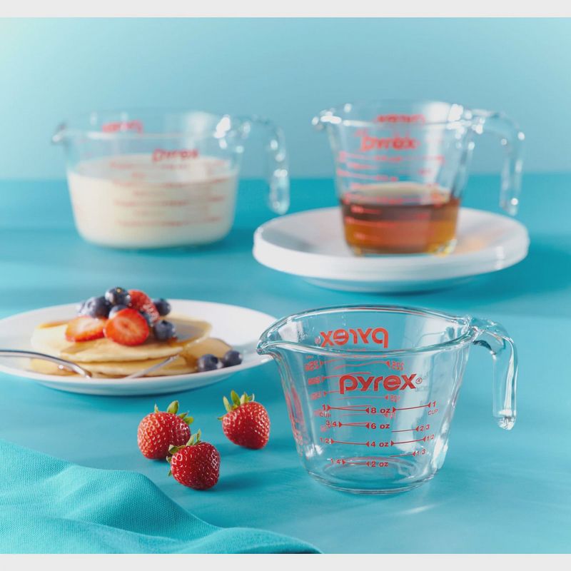 Pyrex Prepware 1-Cup Glass Measuring Cup, Clear with Red Measurements, Pack of 2 Cups, 3 of 6