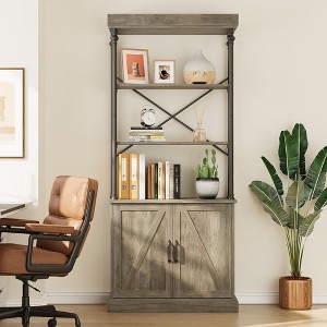 Tall Bookshelf with Doors - 74 In Industrial Storage Open Rack Shelf, Wood and Metal Bookcase, Farmhouse Style, Large Vintage Display Rack, Home - 1 of 4