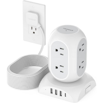 Surge Protector Power Strip Tower, Flat Plug 10Ft Extension Cord with 8 AC Outlets, 4 USB (1 USB-C), 1050J Desk Charging Station for Home Office Dorm