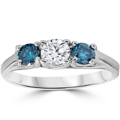 Pompeii3 3/4ct 3 Stone Blue & White Diamond Trellis Engagement Ring 14k ...