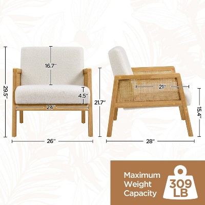 Ivory Boucle Fabric Accent Chair with Rattan Armrests and Wood Legs